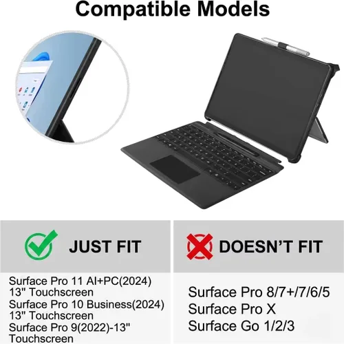 Vista 2 de Surface Pro 11 - Funda compatible con Surface Pro 10/9, funda protectora delgada con soporte para bolígrafo, correa de teclado, soporte multiángulo