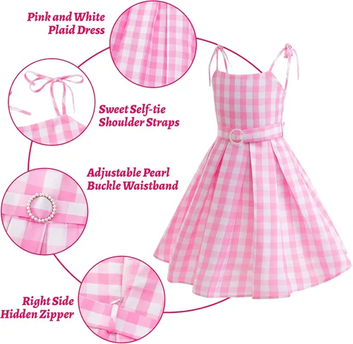 Vista 4 de Vestido de disfraz rosa para niñas, disfraz de película de cosplay, disfraz de fiesta de Halloween con accesorios