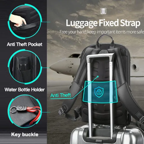 Vista 7 de BOPai Mochila de cuero genuino para hombre, mochila multifunción de 15.6 pulgadas, mochila para laptop de negocios, mochila inteligente de viaje