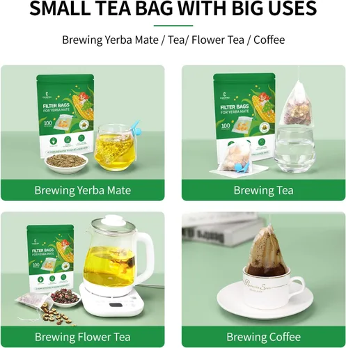 Vista 6 de Infusor de té desechable de fibra de maíz, bolsas de filtro de té con cordón para hojas sueltas, yerba mate, material seguro y natural, 3.94 x 3.15