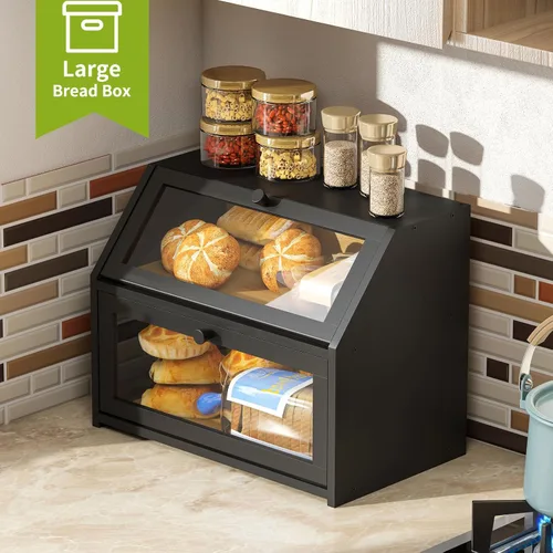 Vista 4 de Caja de pan de granja BMOSU para mostrador de cocina Caja de pan de doble capa de bambú y madera de gran capacidad contenedor de almacenamiento