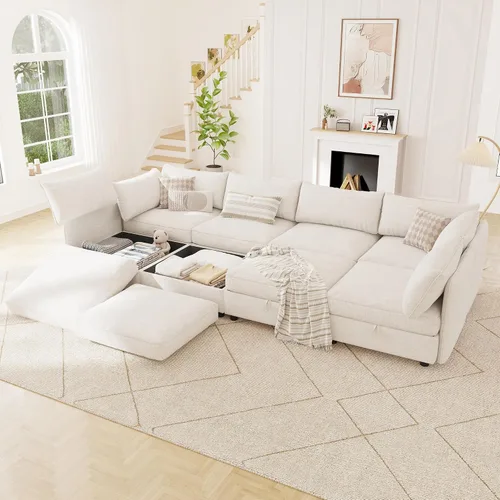 Vista 10 de 95.5" Sofá seccional modular de chenilla con almacenamiento oculto, sofá cama convertible en forma de L y U, sofá seccional moderno de 6 plazas