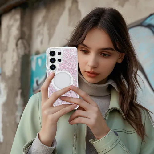 Vista 535 de Bonoma - Funda compatible con Samsung Galaxy S21 Plus, diseño de corazón con purpurina, color rosa Support for MagSafe, Plating Magnetic Case TPU