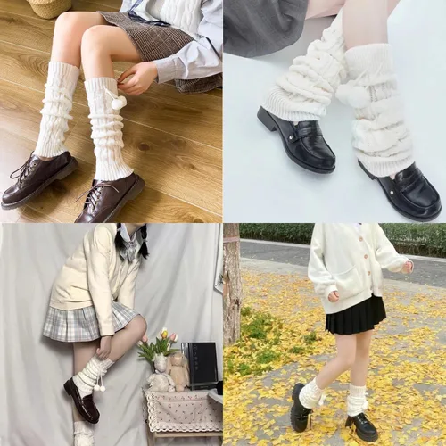 Vista 7 de Calentadores de piernas Harajuku con botón de encaje de punto Harajuku estilo japonés Kawaii Lolita gótico acampanado y holgado
