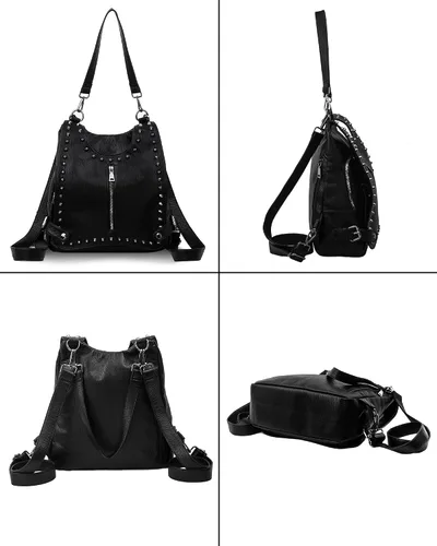 Vista 5 de Mochila de cuero para mujer, diseño de moda, de viaje, convertible, con borla, estilo acolchado, 01 Negro, Tachuelas