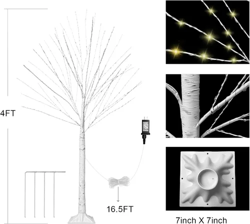 Vista 6 de Árbol de abedul iluminado de 4 pies con 400 luces LED de color blanco cálido, 8 modos, temporizador remoto de árbol de Navidad, árbol de Navidad