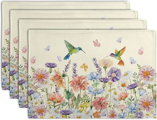 Vista 55 de Juego de 4 manteles individuales del 4 de julio, manteles individuales patrióticos florales con cruces y estrellas del Día de la Independencia y Día