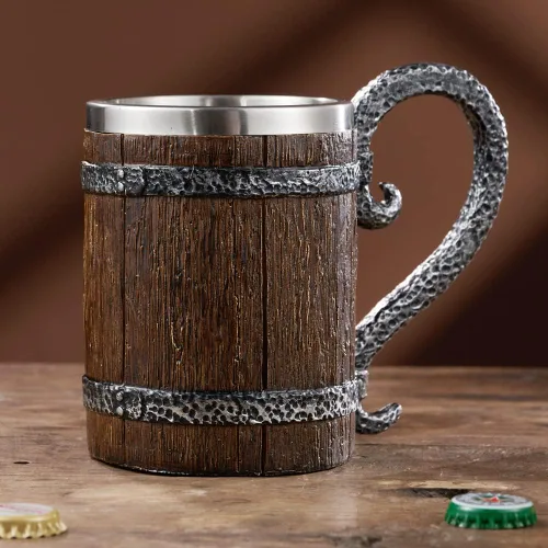 Vista 8 de Taza de cerveza con calavera vikinga, jarra de cerveza de acero inoxidable con doble asa, taza de café medieval, regalo medieval, taza de esqueleto