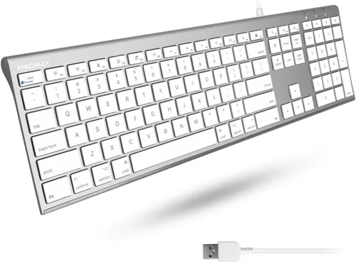 Vista 8 de Macally Teclado de computadora con cable USB ultra delgado, compatible con teclado Apple o Windows, tamaño completo con 20 teclas de teclado Mac