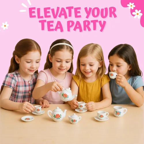 Vista 4 de Juego de té de cerámica de porcelana en miniatura floral de 17 piezas, juego de simulación para niños, juego de cocina pequeño, muñeca divertida