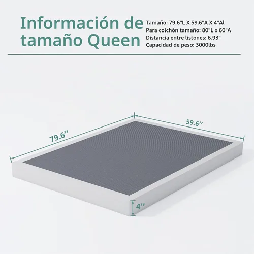 Vista 3 de XINXINYAN Somier Queen de 4 pulgadas, somier resistente de 4 pulgadas, tamaño Queen, con marco de metal resistente, fácil montaje, sin ruido