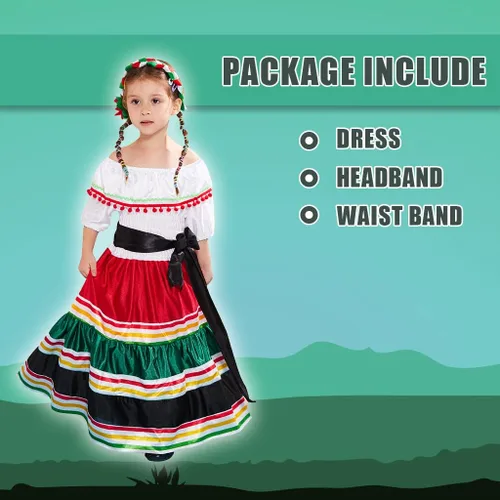 Vista 6 de Megartico Vestido largo tradicional mexicano de Halloween para niñas, disfraz clásico de baile