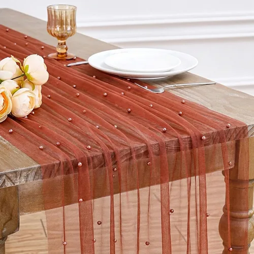 Vista 48 de LuoluoHouse Camino de Mesa de Perla para Centros de Mesa de Boda: Camino de Mesa de Perla de 10 pies, Decoración de Mesa de 29x120 Pulgadas de Tul