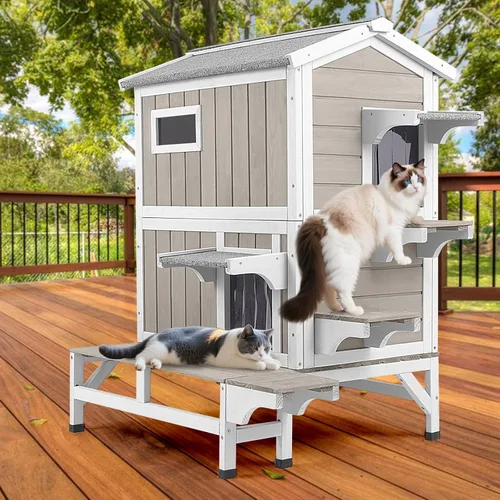 Vista 10 de PetsCosset Casa Aislada para Gatos de Exterior Resistente a la Intemperie con Balcón, Aislamiento Integral, Refugio de Madera para Gatos Ferales
