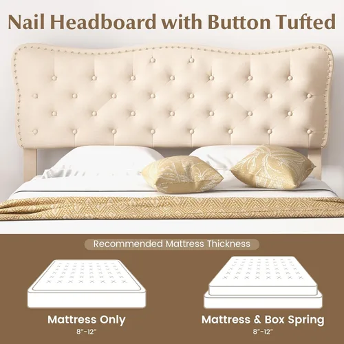 Vista 14 de Giantex Base de cama tamaño Queen color beige, plataforma tapizada de tela de lino con cabecera de clavos, base de colchón con botones y listones