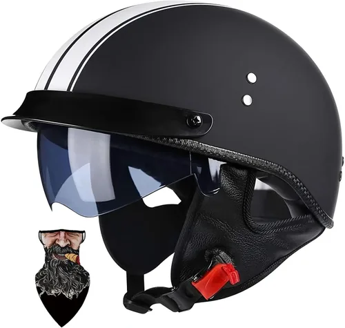 Vista 19 de Casco Moto Retro Vintage Jet Medio para Hombre y Mujer Adultos, DOT Homologado, Ventilación Dual, Visera Retráctil y Desmontable, Apto para Patinete