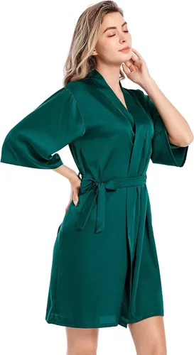 Vista 2 de Bata de satén sedoso para mujer, bata de dama de honor, bata de boda para fiesta, bata de baño suave kimono para mujer, ropa de dormir corta