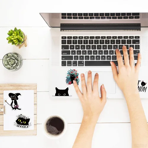 Vista 5 de 100 unidades de calcomanías impermeables para laptop negras, lindas calcomanías de gato en blanco y negro para botellas de agua, paquete