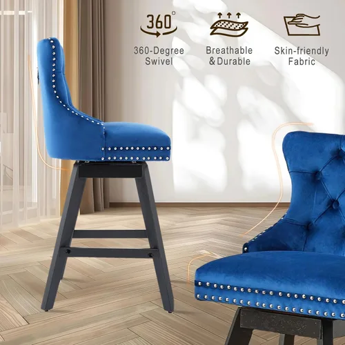 Vista 259 de SoarFlash Juego de 2 taburetes de bar tapizados de terciopelo moderno con patas de madera, botones acolchados, cabeza de clavo cromada, asiento