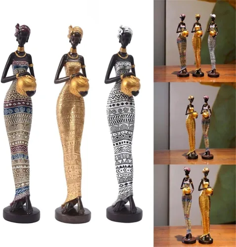 Vista 6 de Buwakul Paquete de 3 esculturas de mujer africana de resina de 17 pulgadas de alto, estatua tribal para decoración del hogar, arte coleccionable