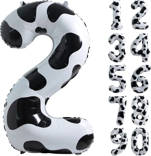 Vista 6 de Suministros de decoración de cumpleaños de globos con estampado de vaca, globo número 0 de 40 pulgadas, decoraciones de fiesta de cumpleaños