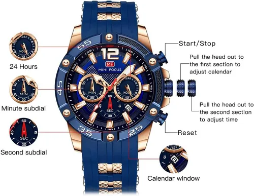 Vista 5 de MINIFOCUS - Reloj de pulsera analógico de cuarzo con esfera grande, correa de silicona azul, calendario, fecha, calendario