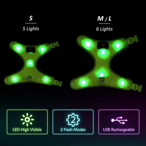 Vista 6 de Flashseen Arnés LED para perro, arnés para mascotas recargable por USB, chaleco reflectante iluminado, ajustable, suave, acolchado, sin tirones