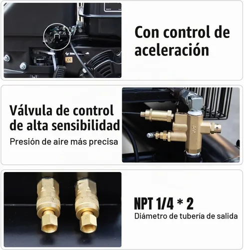 Vista 6 de Compresor de aire a gas de doble tanque de 9 galones, tanque de compresor de aire impulsado por gas de 6.5 HP 12CFM en ruedas, bomba de pistón