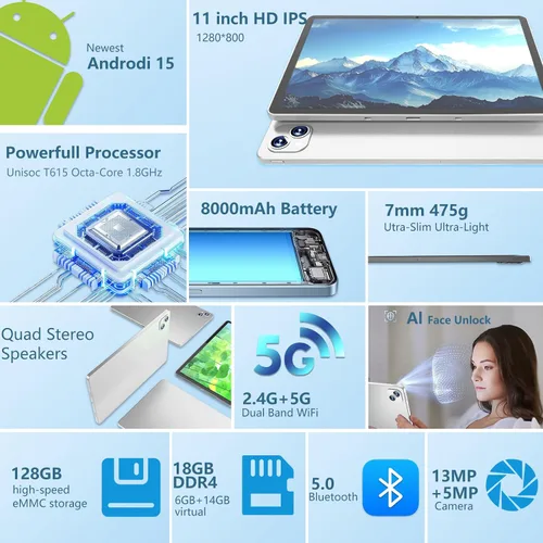 Vista 3 de NRKDUBQ Tablet Android 15 de 11 pulgadas 128GB con ranura para tarjeta SIM, teclado de 20 GB de RAM, tableta celular 4G LTE T-moblie Phablet