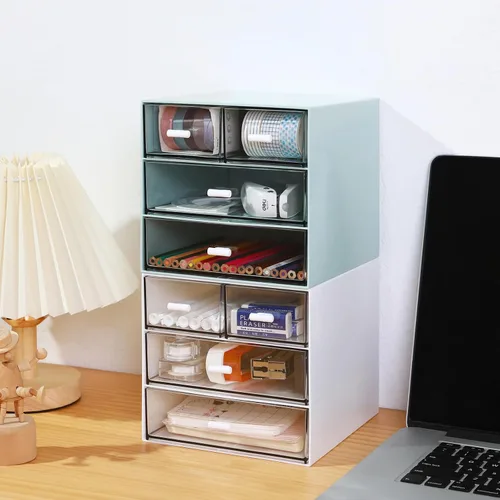 Vista 4 de MILULUGO Organizador de maquillaje con 4 cajones, organizador de escritorio, caja de almacenamiento de cosméticos para esmalte de uñas, lápiz