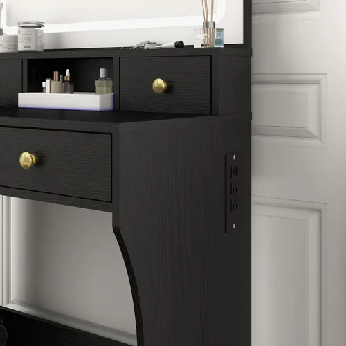 Vista 5 de Panana Juego de escritorio de tocador con espejo iluminado LED ajustable, tocador de maquillaje para niñas con taburete y 4 cajones