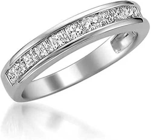 Vista 2 de Anillo de boda con diamantes naturales de oro blanco de Nueva York con corte princesa (1 quilates, G-H, VS2)