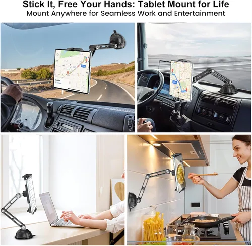 Vista 7 de PLDHPRO - Soporte para tablet en coche para salpicadero y parabrisas, plegable, de aleación de aluminio, con ventosa de vacío, soporte compatible