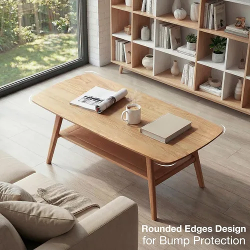 Vista 6 de Mesa de centro moderna de mediados de siglo: mesa de centro 100% de madera maciza, diseño de almacenamiento de 2 niveles, mesas de centro pequeñas