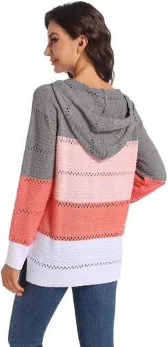 Vista 5 de Vemodoo Sudaderas con capucha de punto de bloque de color para mujer, cuello en V, cordón ligero, sudaderas con cremallera