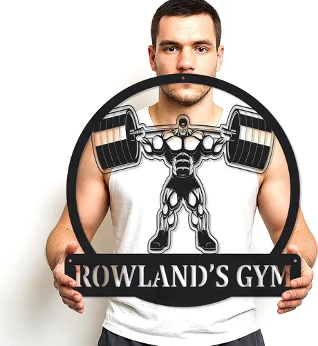 Vista 39 de Cartel de metal personalizado para gimnasio con nombre, arte de pared para sala de entrenamiento en casa, garaje, espacio de fitness, decoración