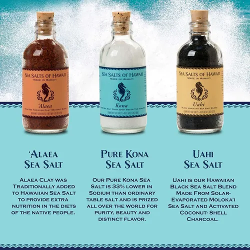 Vista 3 de Sea Salts of Hawaii Variedad de 3 unidades, sal de arcilla roja Alaea, sal hawaiana pura de Kona, sal marina hawaiana con sabor negro Uahi