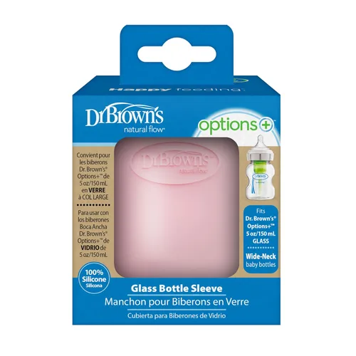 Vista 2 de Dr. Brown's Options+ Funda para botella de vidrio de cuello ancho, 100% silicona, rosa, sin BPA, 5 onzas, 1 paquete