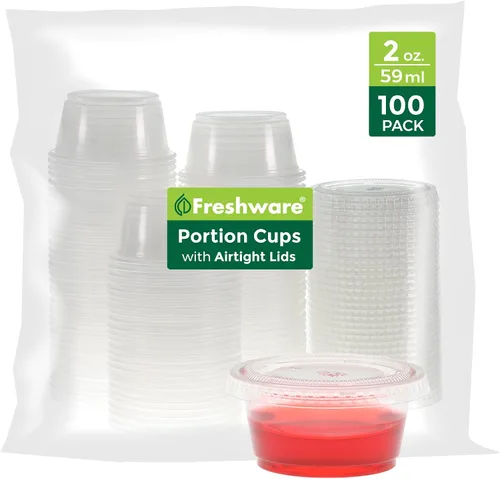 Vista 11 de Freshware Vasos de Plástico para Porciones con Tapas [1 Onza, 100 Juegos] Vasos de Plástico Desechables para Preparación de Comidas, Aderezo