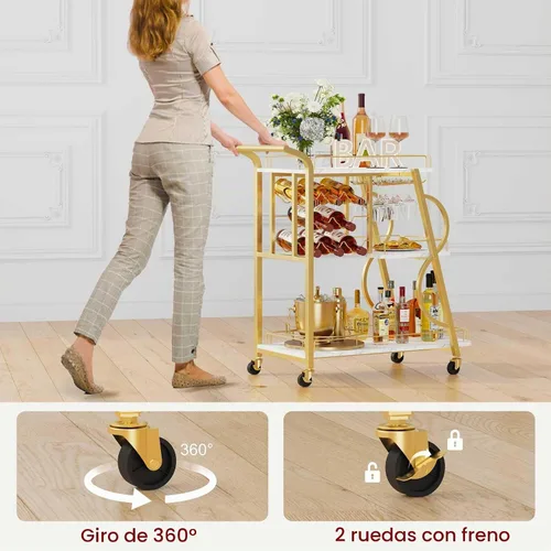 Vista 6 de Carrito de Bar, Carrito de Bar Dorado para el Hogar, Carrito de Servicio con Soporte para Copas de Vino, Carrito de Bebidas de 3 Niveles con Ruedas
