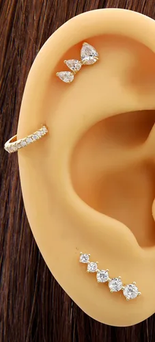 Vista 3 de Pendientes de tuerca de cinco piedras con barra curvada graduada de oro macizo de 14 quilates