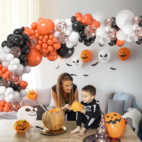 Vista 5 de Kit de arco de globos de color negro, blanco y naranja, guirnalda de globos de confeti de 18, 12, 10, 5 pulgadas, para Halloween, cumpleaños