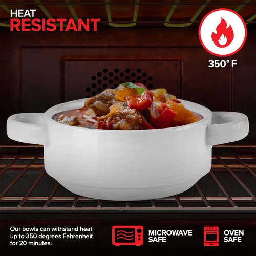 Vista 6 de Modern Innovations Cuencos de sopa de cebolla francesa de 20 onzas con asas en color blanco (juego de 4) aptos para horno y microondas, gres