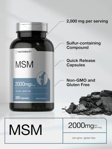Vista 3 de Horbäach Cápsulas de suplemento MSM 2000 mg 250 unidades Fórmula sin OMG y sin gluten Metilsulfonilmetano