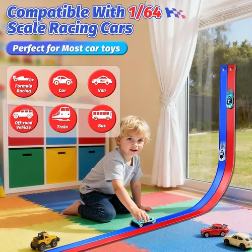 Vista 4 de Pista de carreras de doble carril con ventosas, pista de carreras flexible portátil enrollable, ventosas fundidas a presión 1/64 para edades de 3