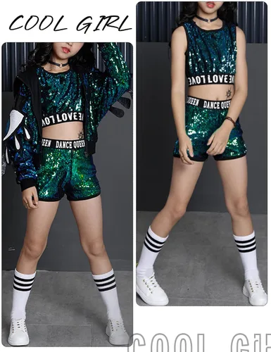 Vista 6 de Happy Cherry Vestido de baile de lentejuelas para niñas pequeñas, disfraz de hip hop, jazz para niños, uniformes de baile de majorette brillante
