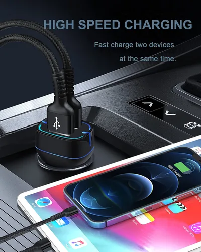 Vista 6 de Cargador de teléfono de coche Cable Lightning Cargador de carga rápida para iPhone 14 13 Apple Lightening Wire 6FT+4.8A Dual Port USB Cigarette