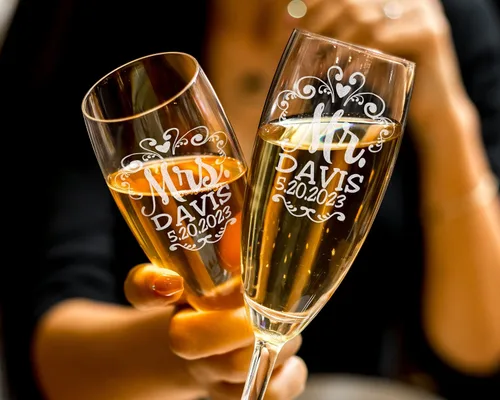 Vista 3 de Mr Mrs - Juego de 2 copas de champán con tallo retorcido para parejas, recién casados, novios, novios, novios, esposos, esposa, aniversario