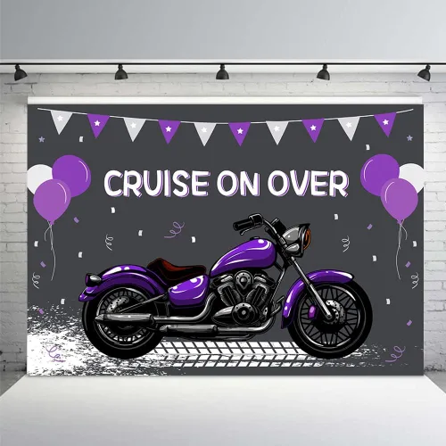 Vista 11 de MEHOFOND Telón de fondo de cumpleaños de motocicleta para niños, decoración de globos azules y blancos de carreras geniales para deportes extremos