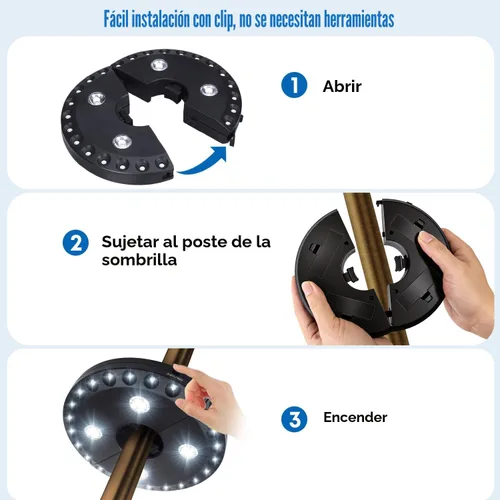 Vista 5 de Parasol de sombrilla para patio, luces 3 en modo brillo e inalámbrico, 28 luces LED en 220 Lux. 4 x AA baterías de función, sombrilla con pértiga